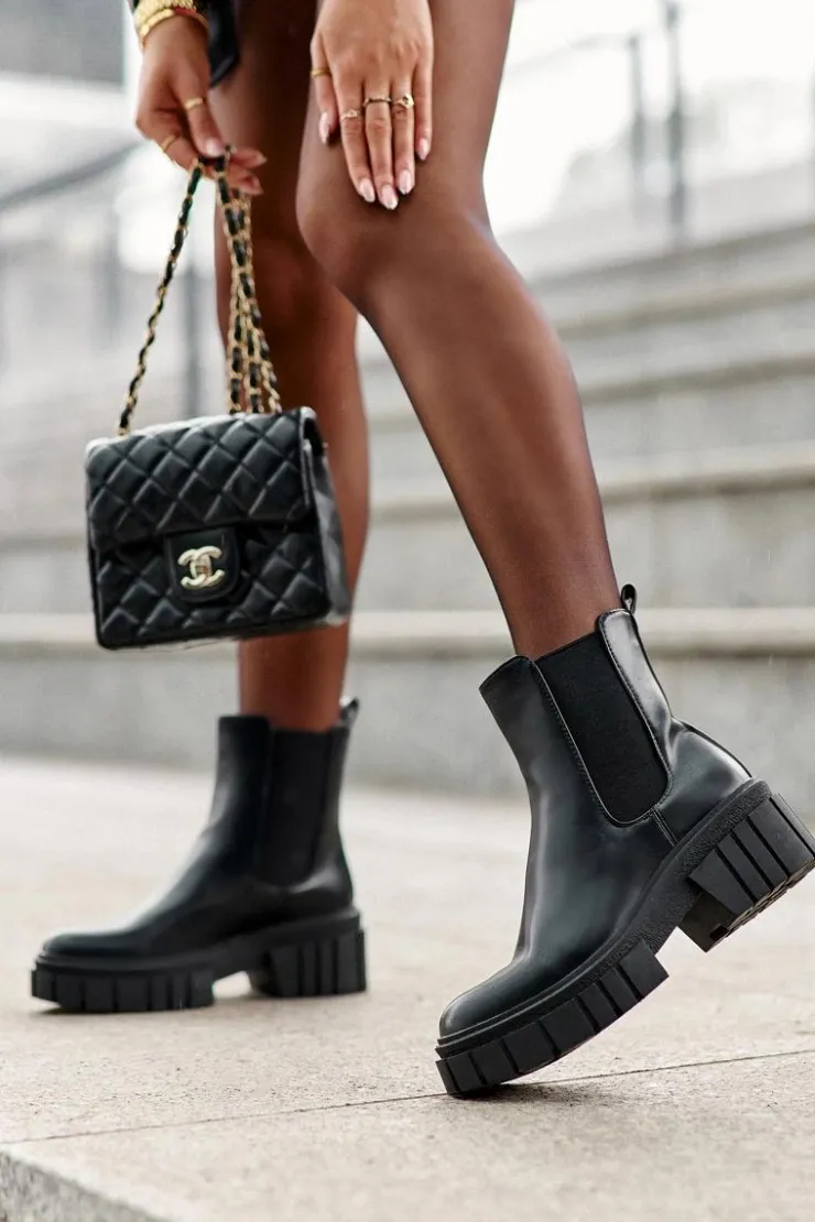 Damskie Boto Skórzane Sztyblety Botki Na Masywnym Płaskim Obcasie Czarne Keva