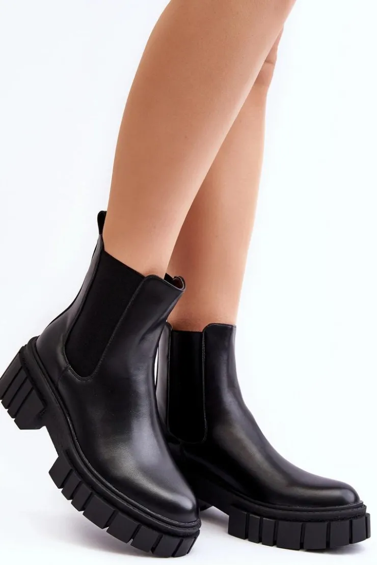 Damskie Boto Skórzane Sztyblety Botki Na Masywnym Płaskim Obcasie Czarne Keva