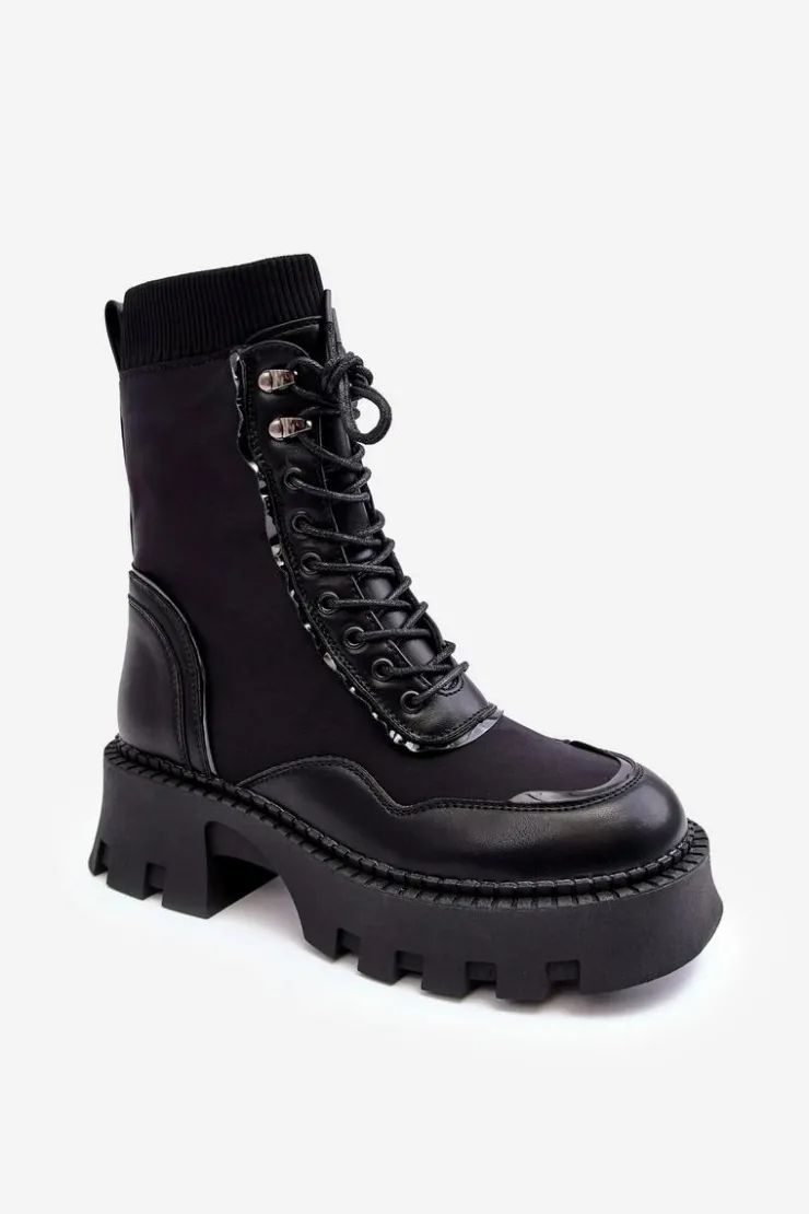 Damskie Boto Skórzane Szurowane Masywne Workery Botki Damskie Czarne Seloma