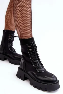 Damskie Boto Skórzane Szurowane Masywne Workery Botki Damskie Czarne Seloma