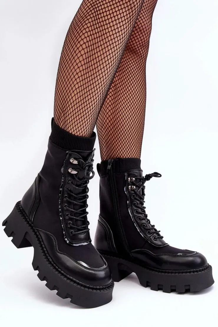 Damskie Boto Skórzane Szurowane Masywne Workery Botki Damskie Czarne Seloma