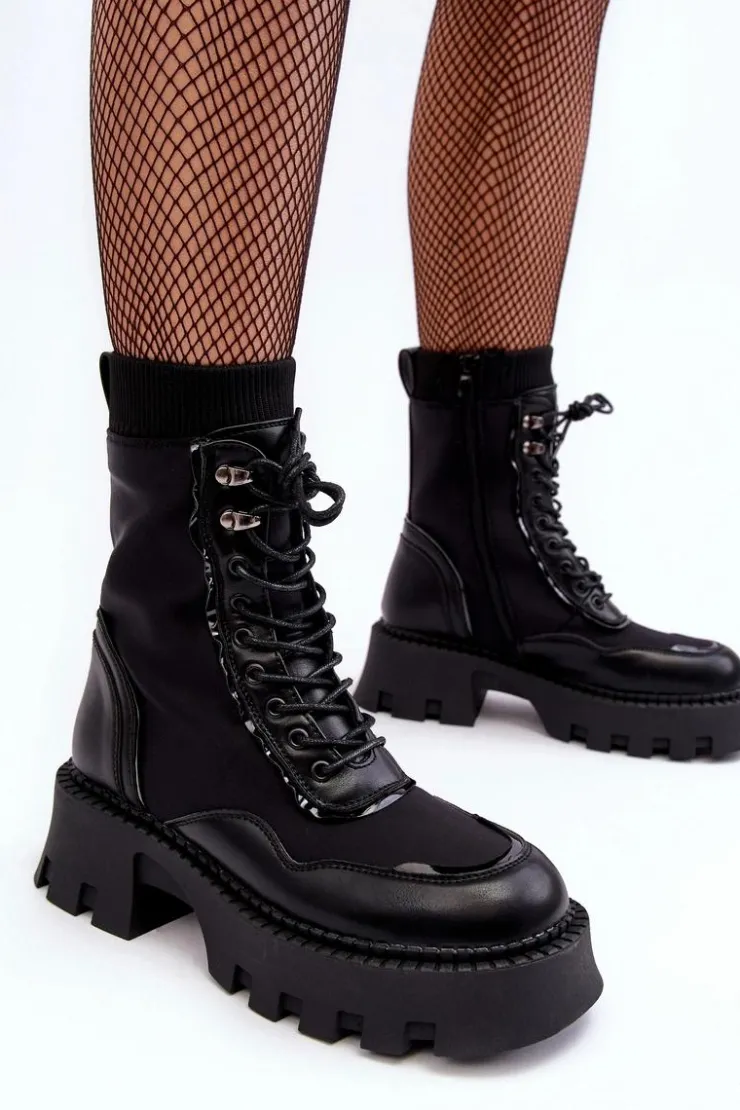 Damskie Boto Skórzane Szurowane Masywne Workery Botki Damskie Czarne Seloma