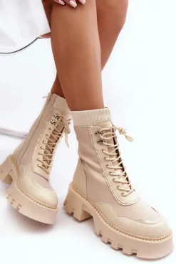 Discount Boto Skórzane Szurowane Masywne Workery Botki Damskie Beżowe Seloma