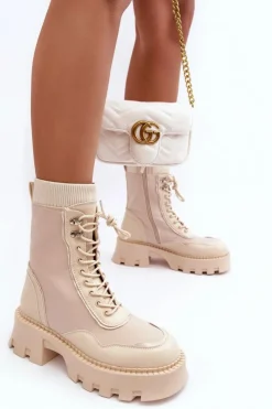 Discount Boto Skórzane Szurowane Masywne Workery Botki Damskie Beżowe Seloma