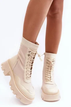 Discount Boto Skórzane Szurowane Masywne Workery Botki Damskie Beżowe Seloma