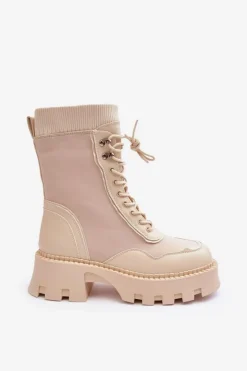 Discount Boto Skórzane Szurowane Masywne Workery Botki Damskie Beżowe Seloma