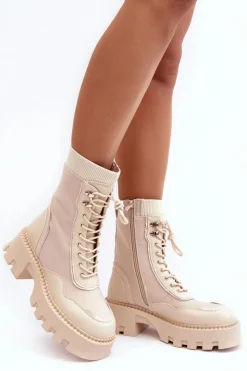 Discount Boto Skórzane Szurowane Masywne Workery Botki Damskie Beżowe Seloma