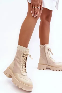 Discount Boto Skórzane Szurowane Masywne Workery Botki Damskie Beżowe Seloma