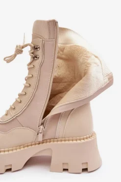 Discount Boto Skórzane Szurowane Masywne Workery Botki Damskie Beżowe Seloma