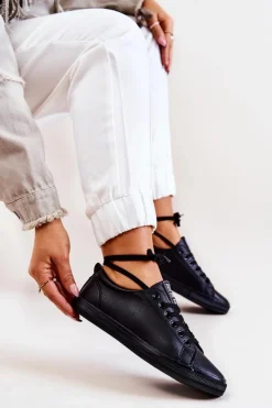 Big Star Shoes Trampki Damskie Big Star|Trampki Damskie Niskie*Skórzane Tenisówki Big Star JJ274312 Czarne