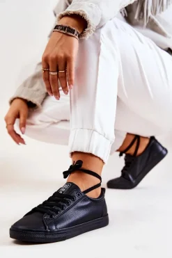 Big Star Shoes Trampki Damskie Big Star|Trampki Damskie Niskie*Skórzane Tenisówki Big Star JJ274312 Czarne