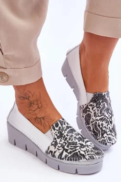 Damskie Maciejka Skórzane Tenisówki Na Koturnie 5814A-11 Biało-Czarne