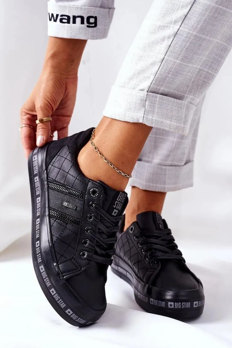 Big Star Shoes Trampki Damskie Big Star|Trampki Damskie Niskie*Skórzane Tenisówki Na Platformie BIG STAR II274070 Czarne