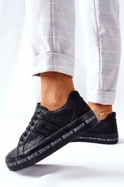 Big Star Shoes Trampki Damskie Big Star|Trampki Damskie Niskie*Skórzane Tenisówki Na Platformie BIG STAR II274070 Czarne