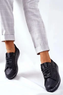 Big Star Shoes Trampki Damskie Big Star|Trampki Damskie Niskie*Skórzane Tenisówki Na Platformie BIG STAR II274070 Czarne