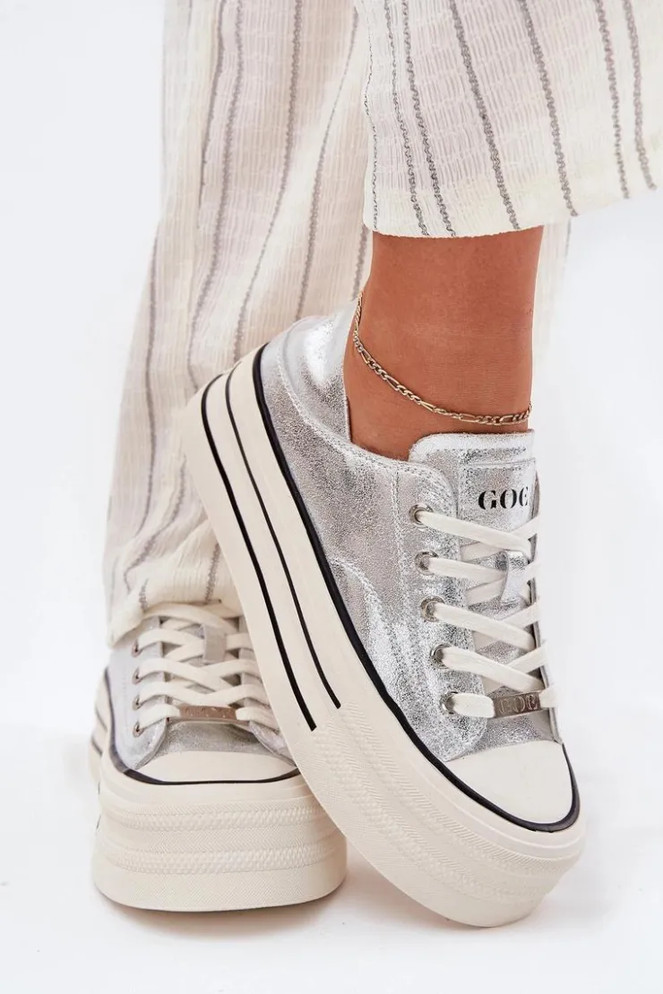 Discount GOE Skórzane Trampki Damskie Na Platformie RR2N4108 Srebrne Srebrny
