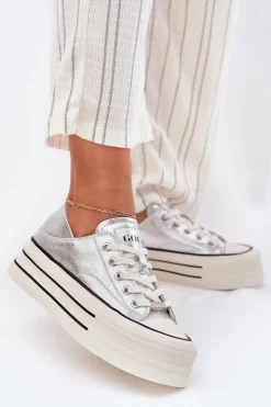 Discount GOE Skórzane Trampki Damskie Na Platformie RR2N4108 Srebrne Srebrny