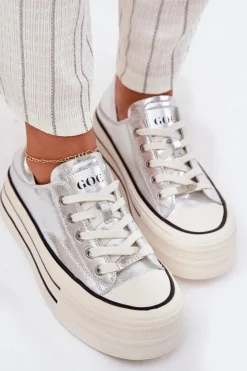 Discount GOE Skórzane Trampki Damskie Na Platformie RR2N4108 Srebrne Srebrny