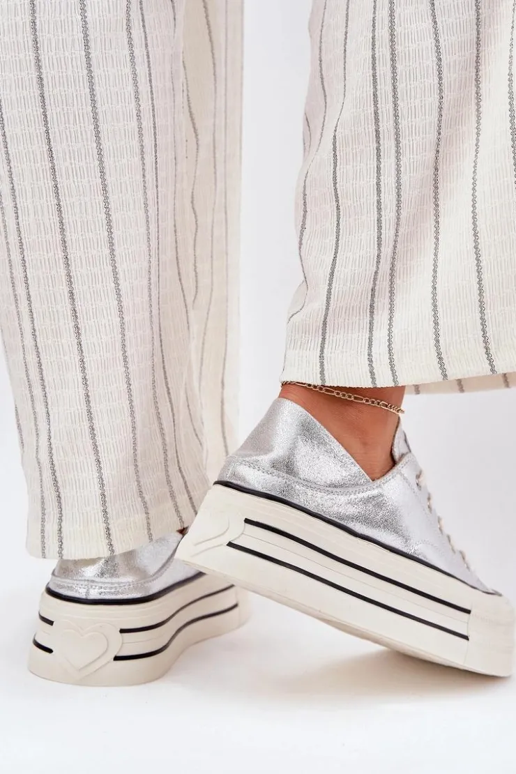 Discount GOE Skórzane Trampki Damskie Na Platformie RR2N4108 Srebrne Srebrny