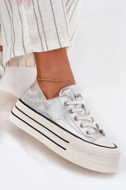 Discount GOE Skórzane Trampki Damskie Na Platformie RR2N4108 Srebrne Srebrny