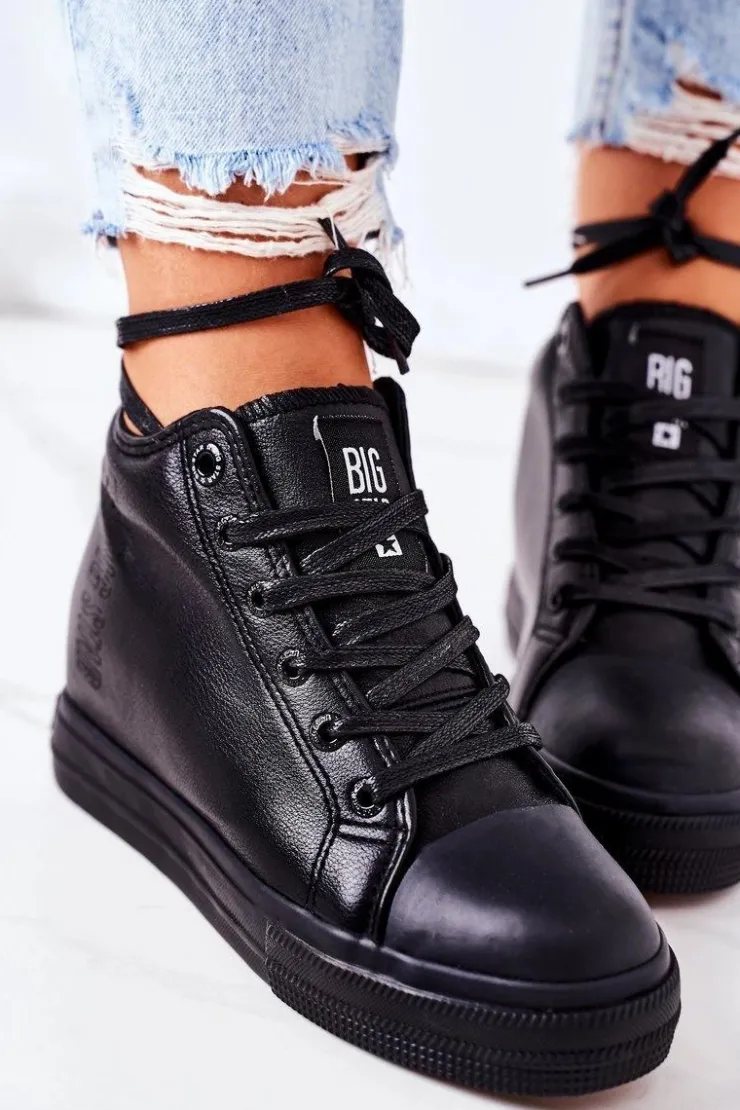 Big Star Shoes Trampki Damskie Big Star|Big Star*Skórzane Trampki Na Koturnie Big Star EE274127 Czarne