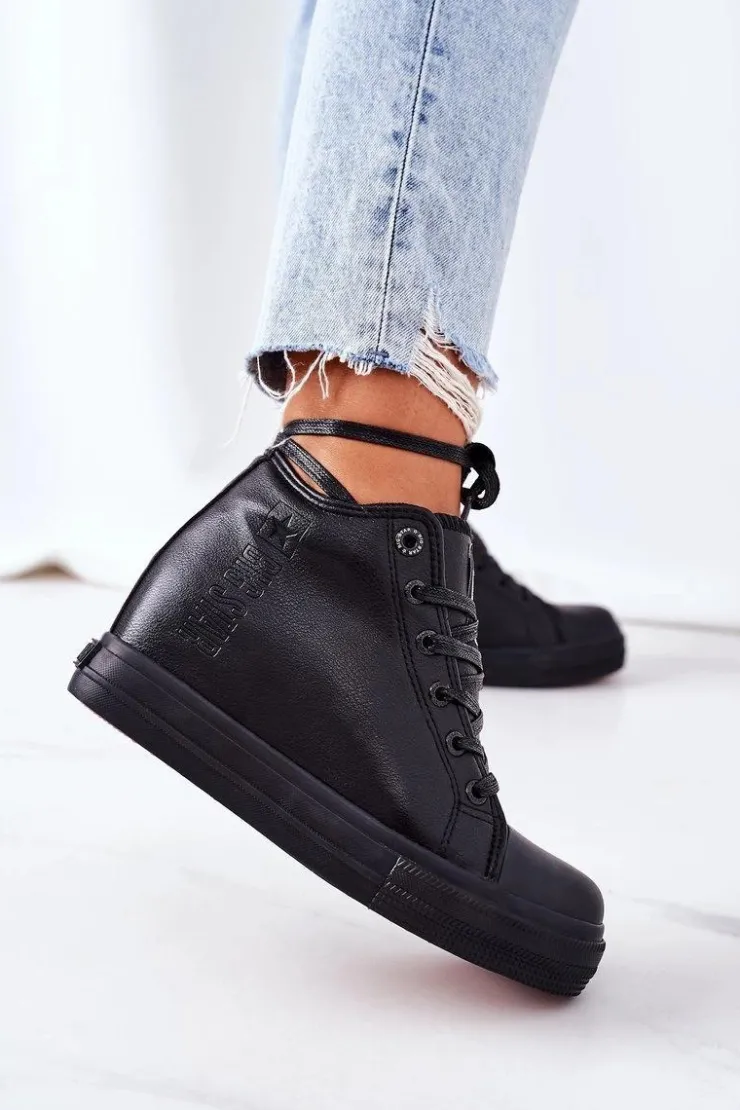 Big Star Shoes Trampki Damskie Big Star|Big Star*Skórzane Trampki Na Koturnie Big Star EE274127 Czarne