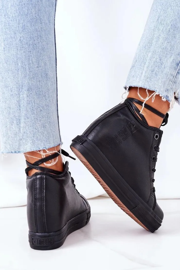 Big Star Shoes Trampki Damskie Big Star|Big Star*Skórzane Trampki Na Koturnie Big Star EE274127 Czarne