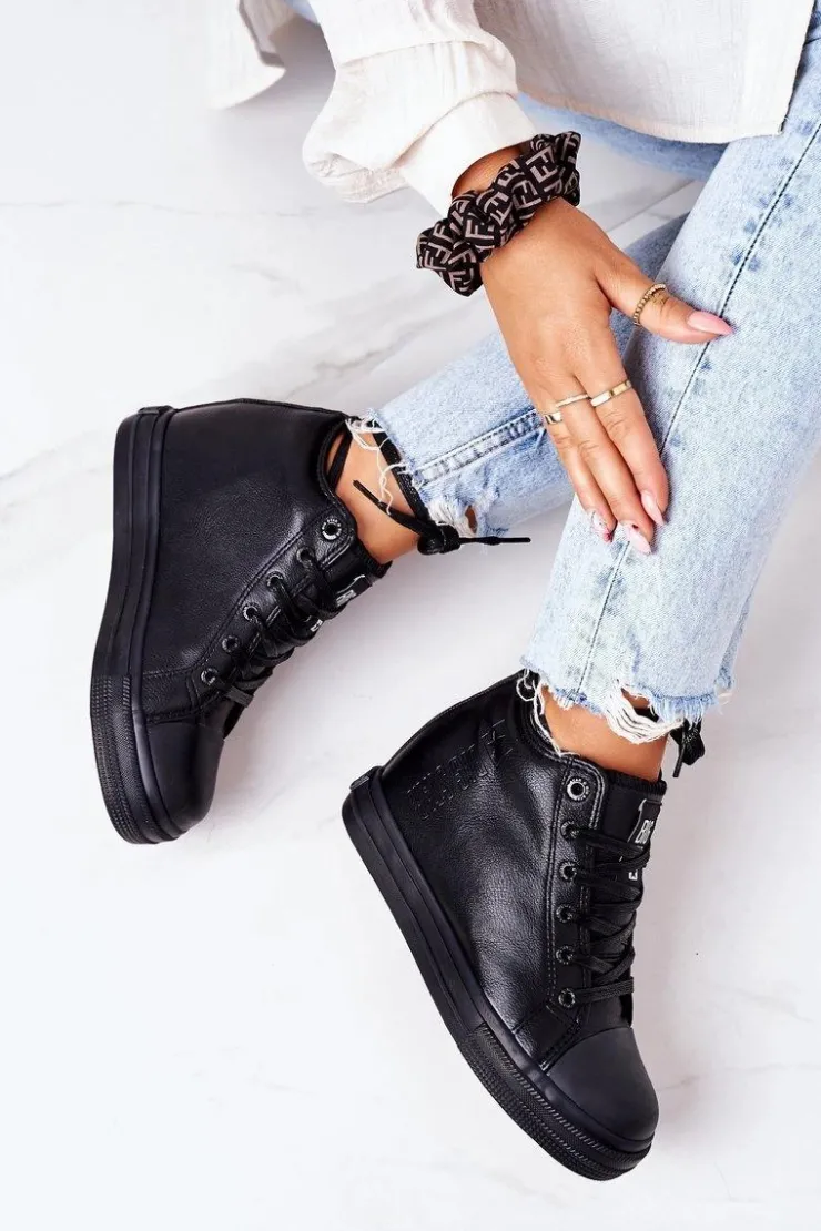 Big Star Shoes Trampki Damskie Big Star|Big Star*Skórzane Trampki Na Koturnie Big Star EE274127 Czarne