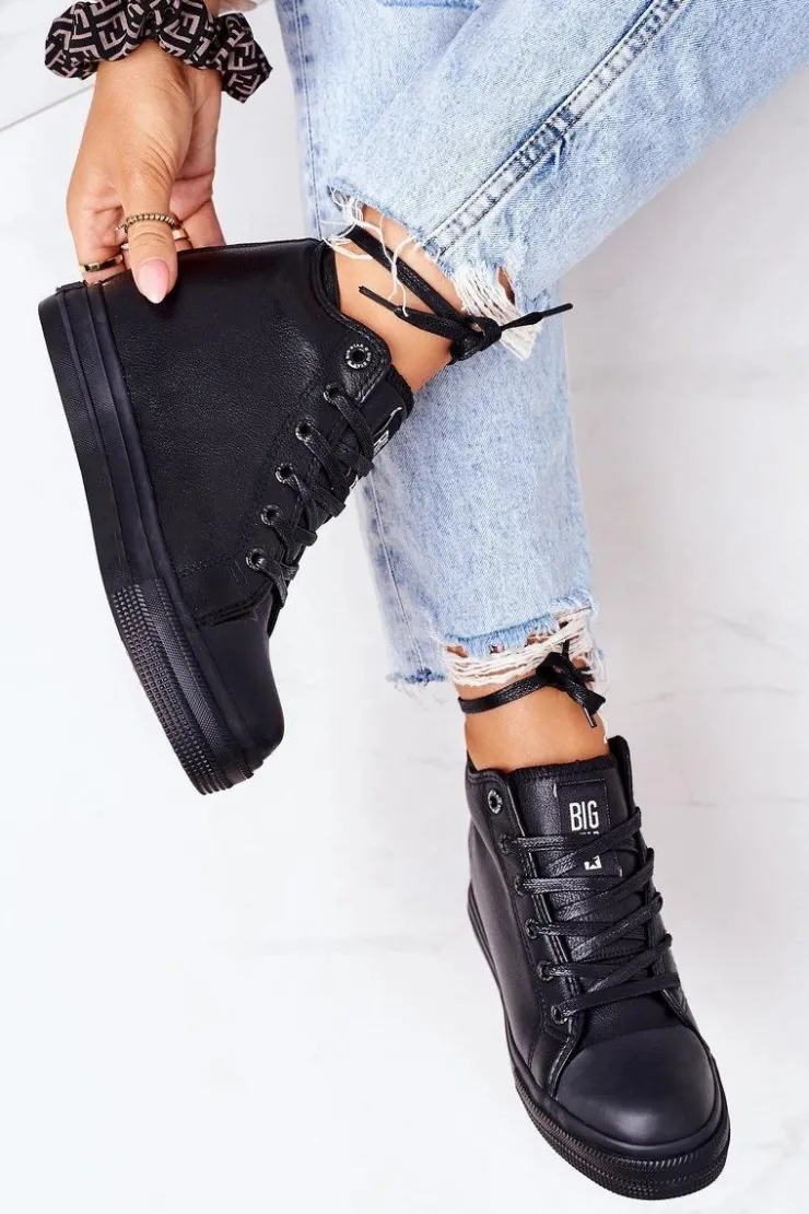Big Star Shoes Trampki Damskie Big Star|Big Star*Skórzane Trampki Na Koturnie Big Star EE274127 Czarne