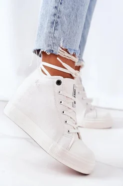 Damskie Big Star Shoes Skórzane Trampki Na Koturnie Big Star EE274128 Białe