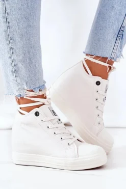 Damskie Big Star Shoes Skórzane Trampki Na Koturnie Big Star EE274128 Białe