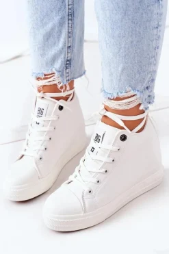 Damskie Big Star Shoes Skórzane Trampki Na Koturnie Big Star EE274128 Białe