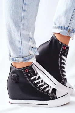 Cross Jeans Trampki Damskie Cross Jeans|Sneakersy Damskie*Skórzane Trampki Na Koturnie II2R4025 Czarne