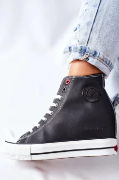 Cross Jeans Trampki Damskie Cross Jeans|Sneakersy Damskie*Skórzane Trampki Na Koturnie II2R4025 Czarne