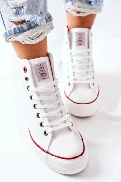 Discount Cross Jeans Skórzane Trampki Na Koturnie II2R4024 Białe