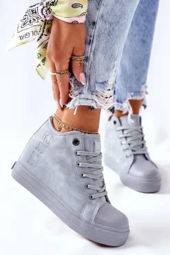 Big Star Shoes Trampki Damskie Big Star|Big Star*Skórzane Trampki Na Koturnie Big Star II274094 Niebieskie