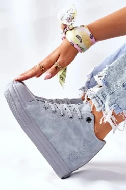 Big Star Shoes Trampki Damskie Big Star|Big Star*Skórzane Trampki Na Koturnie Big Star II274094 Niebieskie