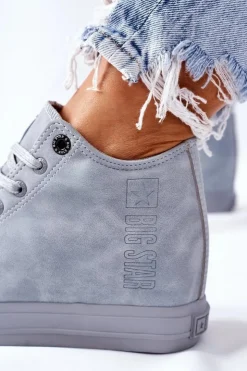 Big Star Shoes Trampki Damskie Big Star|Big Star*Skórzane Trampki Na Koturnie Big Star II274094 Niebieskie