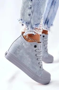 Big Star Shoes Trampki Damskie Big Star|Big Star*Skórzane Trampki Na Koturnie Big Star II274094 Niebieskie