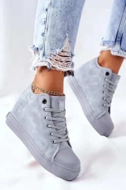 Big Star Shoes Trampki Damskie Big Star|Big Star*Skórzane Trampki Na Koturnie Big Star II274094 Niebieskie