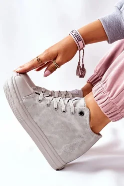 Damskie Big Star Shoes Skórzane Trampki Na Koturnie Big Star II274093 Szare