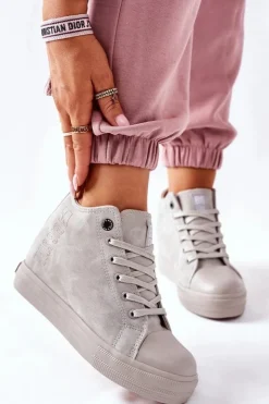 Damskie Big Star Shoes Skórzane Trampki Na Koturnie Big Star II274093 Szare