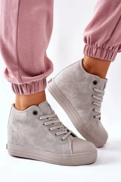 Damskie Big Star Shoes Skórzane Trampki Na Koturnie Big Star II274093 Szare