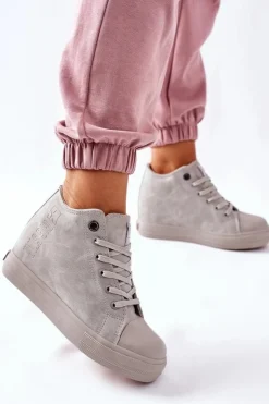 Damskie Big Star Shoes Skórzane Trampki Na Koturnie Big Star II274093 Szare