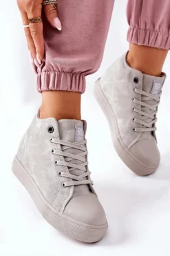 Damskie Big Star Shoes Skórzane Trampki Na Koturnie Big Star II274093 Szare