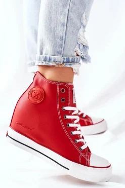 Damskie Cross Jeans Skórzane Trampki Na Koturnie II2R4026 Czerwone