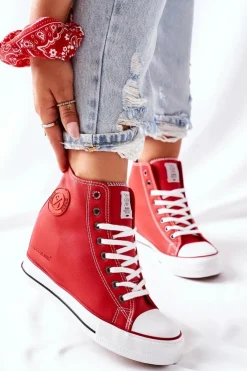 Damskie Cross Jeans Skórzane Trampki Na Koturnie II2R4026 Czerwone