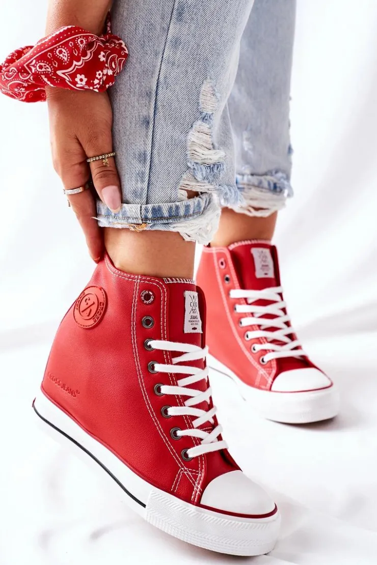 Damskie Cross Jeans Skórzane Trampki Na Koturnie II2R4026 Czerwone