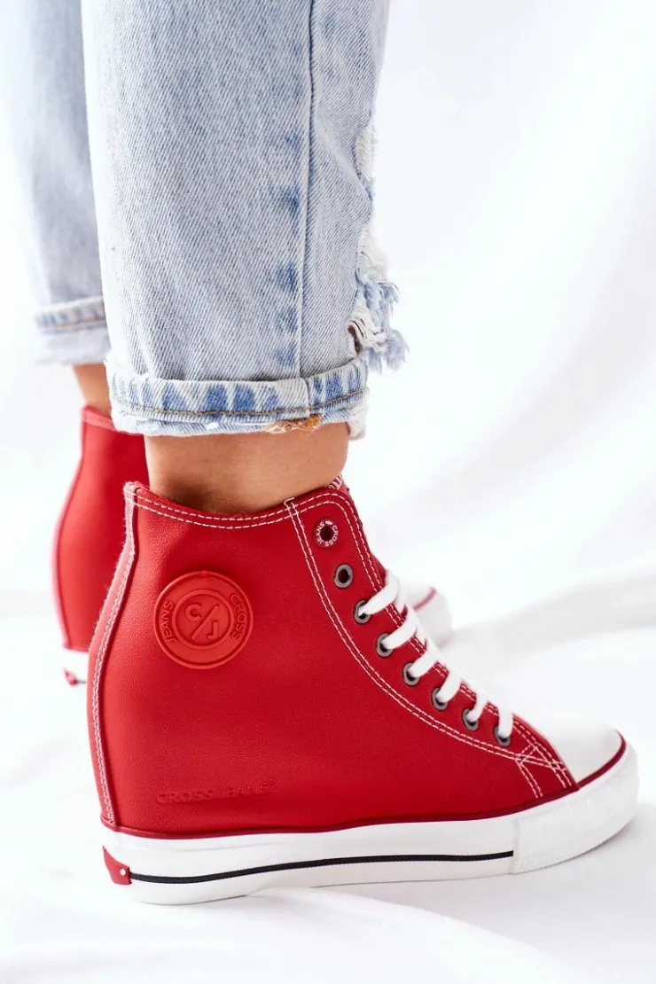 Damskie Cross Jeans Skórzane Trampki Na Koturnie II2R4026 Czerwone