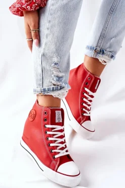 Damskie Cross Jeans Skórzane Trampki Na Koturnie II2R4026 Czerwone